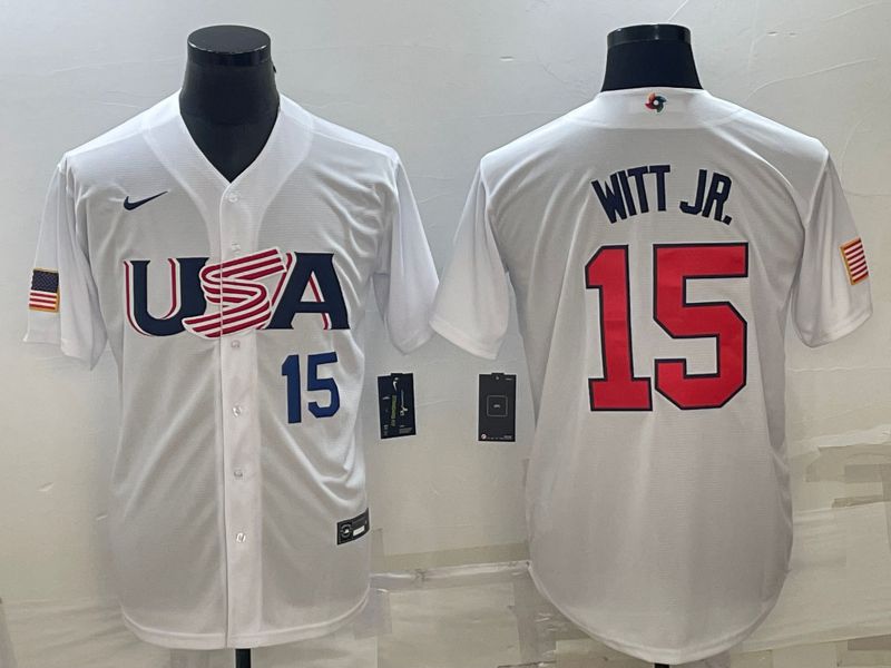 Men 2023 World Cub USA 15 Witt jr White Nike MLB Jersey1